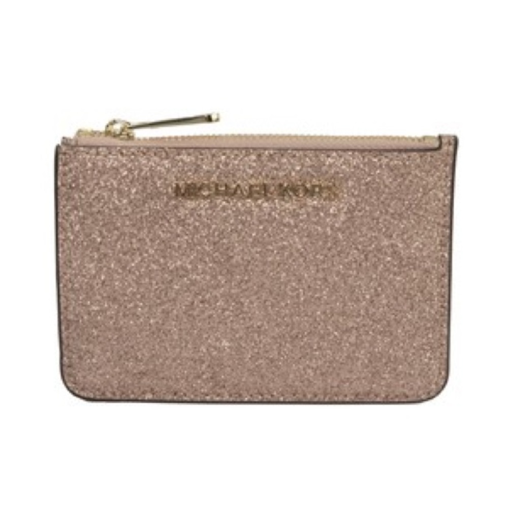 NWOT Michael Kors Pink Rose Gold Glitter Jet Set Travel Keychain ID Coin Wallet